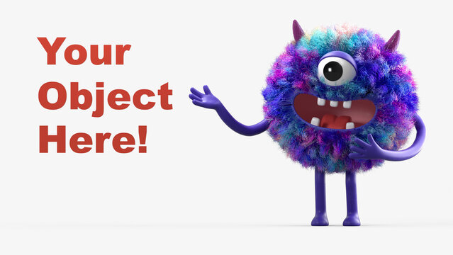Fluffy, cute monster presents a space for "Your Object Here!" 3D rendering, promotional image. Isolated on white background.