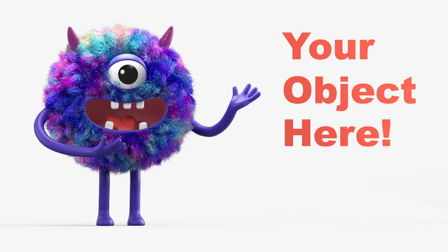 Fluffy, cute monster presents a space for "Your Object Here!" 3D rendering, promotional image. Isolated on white background.