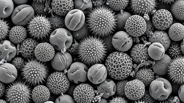 Microscopic view of various pollen grains and spores captured under scanning electron microscope showing diverse surface textures and intricate biological