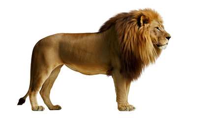 Majestic adult male lion with thick golden brown mane standing in profile © Senne