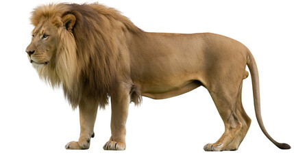 Majestic adult male lion with thick golden mane standing in profile © Senne
