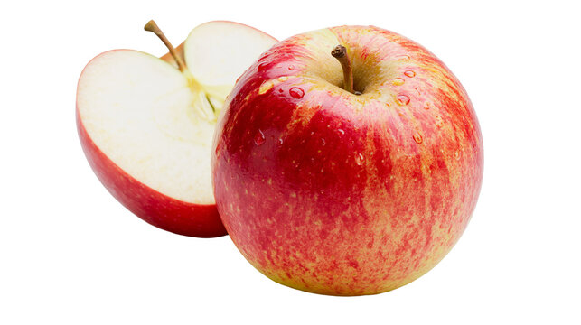 Fresh whole red apple and a sliced half with water droplets