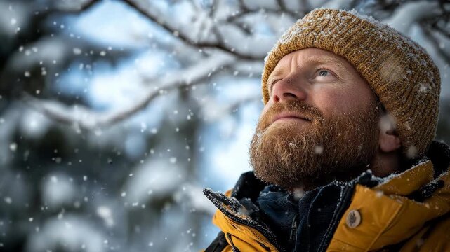 Man with beard and beanie looking up at falling snow in a peaceful winter forest.
