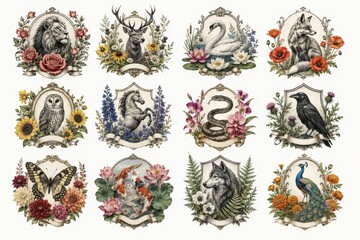 Fototapeta premium Vintage botanical animal illustration collection