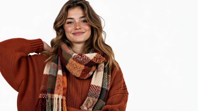 Beautiful young woman with wavy brown hair wearing a cozy burnt orange knitted sweater and colorful autumn scarf, smiling with eyes closed while enjoying a peaceful relaxing moment