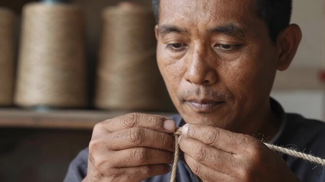Skilled Artisan Crafts a Twisted Rope by Hand