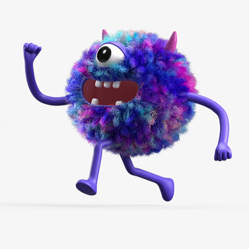 Fluffy, cute monster joyfully running, symbolizing happiness or excitement. 3D rendering, conceptual image. Isolated on white background.