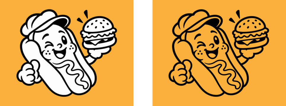 Playful retro cartoon hot dog mascot wearing a chef hat, holding a hamburger and giving a thumbs-up, presented in two color variations on orange backgrounds. Bold black outlines and flat graphic