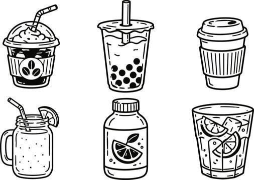 Set of six black and white beverage illustrations featuring iced coffee, bubble tea with tapioca pearls, takeaway coffee cup, mason jar drink, citrus beverage bottle, and iced citrus drink. Minimalist