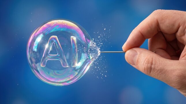 Hand popping a translucent AI soap bubble with a needle, symbolizing a speculative market correction or the collapse of an AI bubble