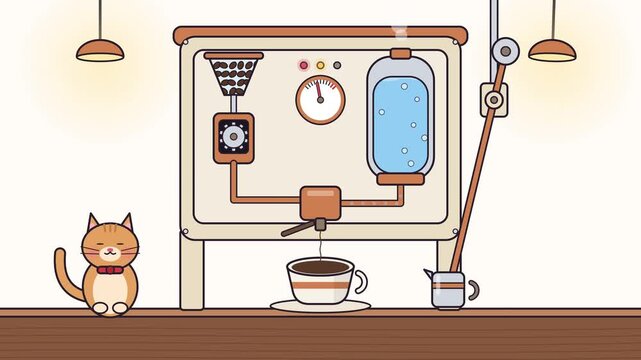 Animated coffee machine brewing hot beverage with a cute cat clip
