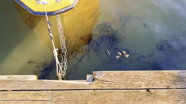 Rusty Chain Hanging From a Boat Hull Above the Water