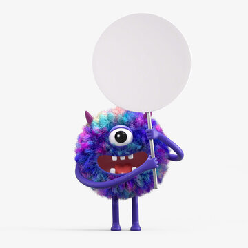 Fluffy, cute monster holds a blank sign, symbolizes information and advertising display. 3D rendering, conceptual image. Isolated on white background.