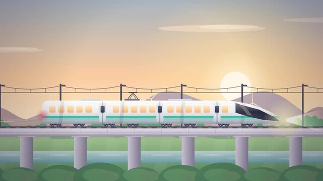 High speed train moving across viaduct bridge animation video footage