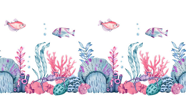 Sea seamless border with a coral, algae, stones, shells, fish. Underwater world. Hand drawn watercolor illustration