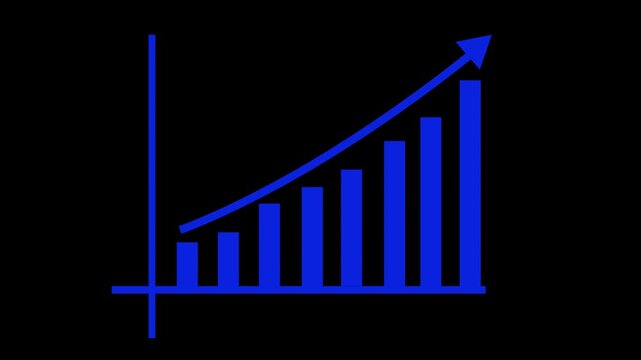 Ascending bar chart with upward-curving arrow graph animation