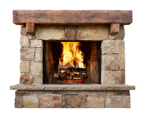 Naklejka premium PNG Rustic stone fireplace with glowing flames and wooden mantel