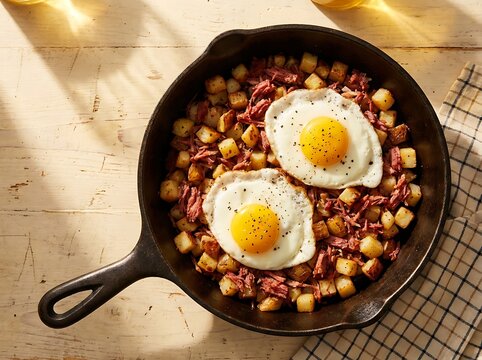 Two fried eggs on top of potato hash in a black cast iron skillet on a wooden table. diner breakfast