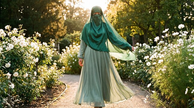 Plus size woman in emerald satin niqab and sage green flowing dress walking on sunlit garden path with white flowers
