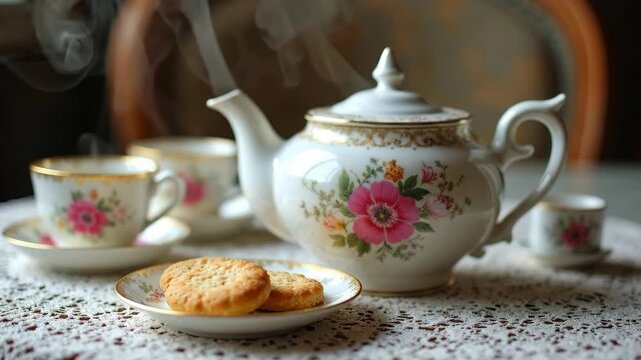 Elegant floral porcelain tea set with steaming hot tea and cookies, cozy scene.
