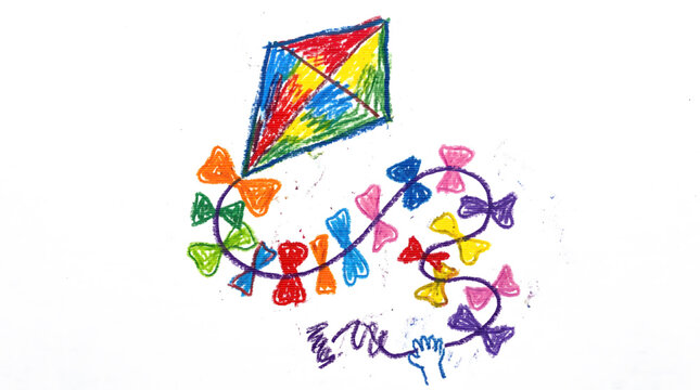 Colorful hand drawing of a kite with a long tail made of ribbons held by a childs hand