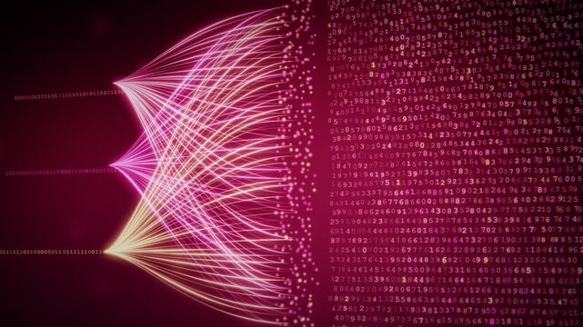 Abstract 3d animation of flowing pink light waves and digital data streams with binary code background