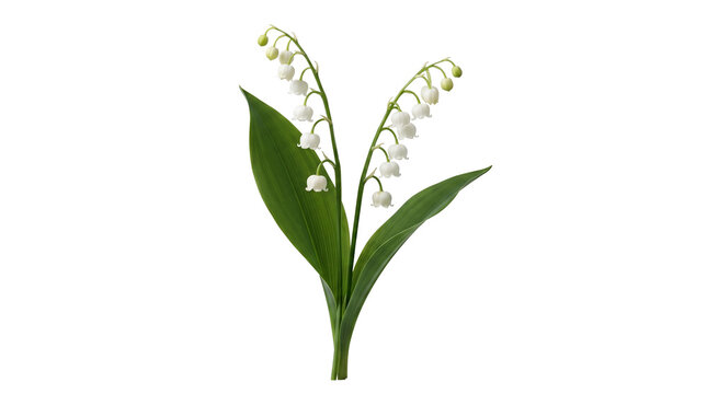 Lily of the valley flowers with green leaves, delicate white spring bell shaped blossoms, PNG, isolated on transparent background