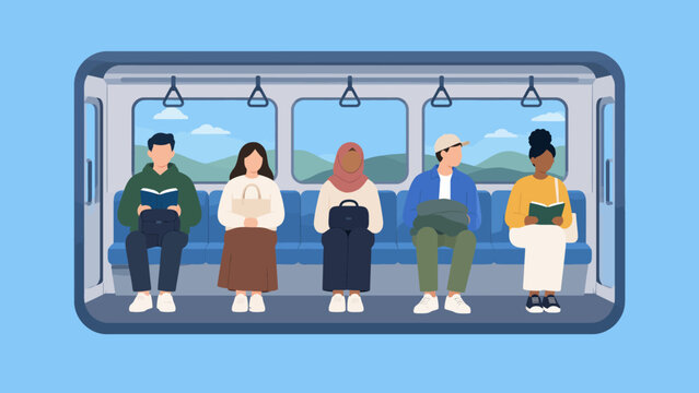 Diverse passengers commuting inside modern public train or metro carriage with scenic window view flat illustration