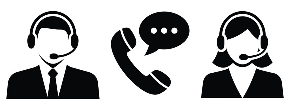 Customer service icons, black call center agents with headsets and telephone support symbols for business communication, customer assistance and helpdesk services