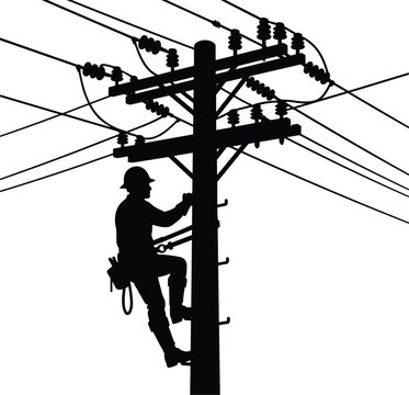 Black Silhouette of Electrician Climbing Utility Pole to Repair Overhead Power Lines