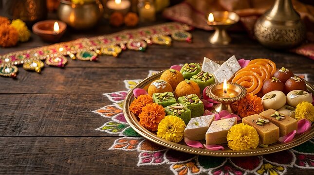 Golden platter of traditional indian sweets with brass oil lamp and marigold flowers displayed on intricate rangoli art for hindu festival celebration.