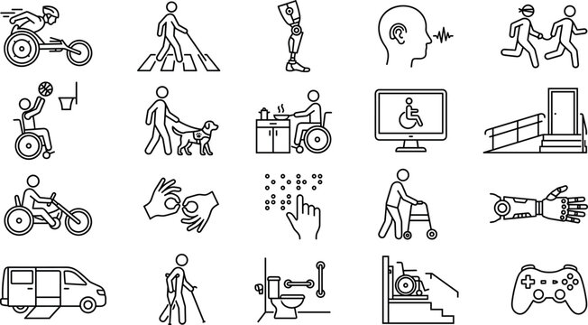Disabled people accessibility solutions inclusive active lifestyle and assistance equipment outline thin line icon set vector
