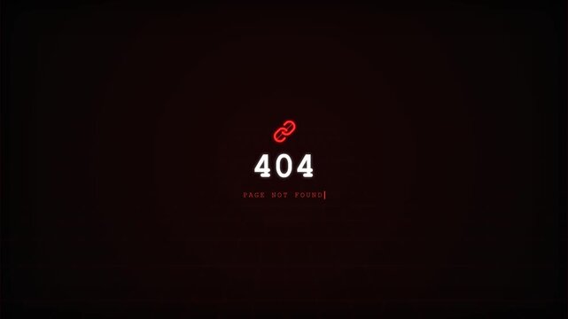 404 Error Page Not Found Graphic Animation With Red Broken Link Icon On Black Background.