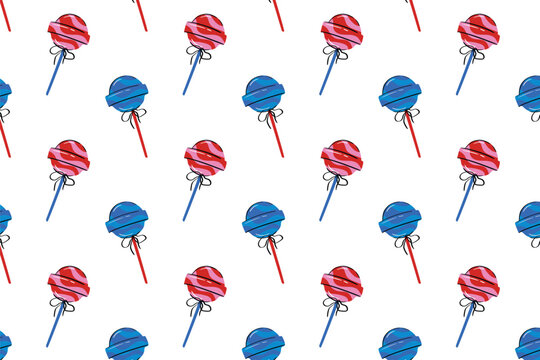 Vibrant sweet candy pattern with blue and pink swirl lollipops on white background. Colorful dessert vector for kids wallpaper and fabric