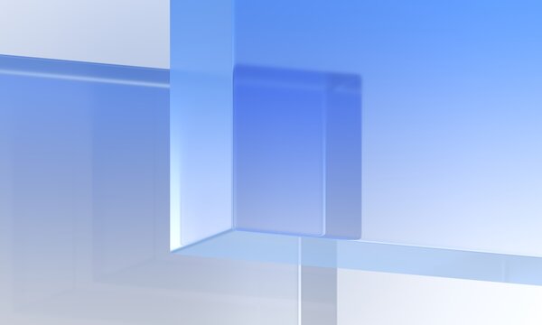 Translucent blue glass blocks and panels with soft gradient light, abstract geometric architecture background, 3d render