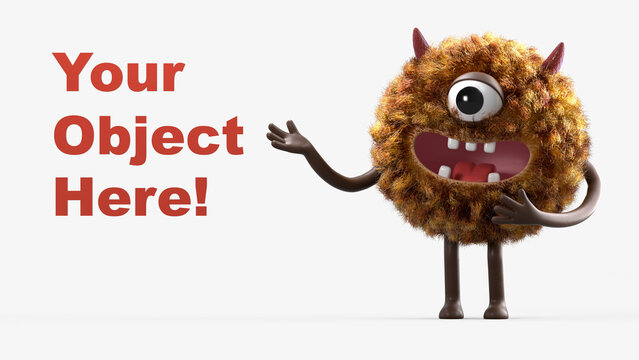 Fluffy, cute monster presents a space for "Your Object Here!" 3D rendering, promotional image. Isolated on white background.