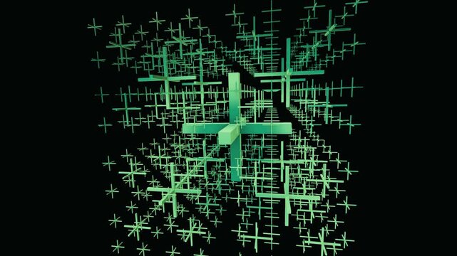 Seamless loop of green recursive cross fractal structure expanding in space