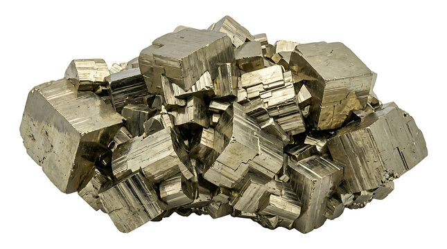 Natural Golden Pyrite Crystal Cluster Mineral Specimen with Metallic Luster and Cubic Formations, High-Quality Fool's Gold Isolated on Transparent Background for Geology and Design Research