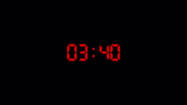 Digital four minute countdown timer animation on transparent background in sixty seconds