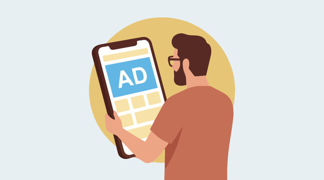 Man using smartphone displaying an online advertisement on its screen
