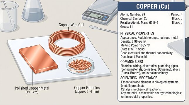 Copper Cu element infographic with polished metal, wire coil, granules and properties poster HD4KHDS


