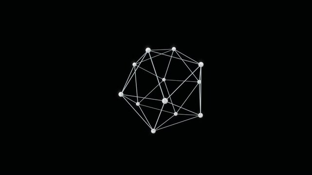 Seamless loop of white wireframe polyhedron network rotating on black