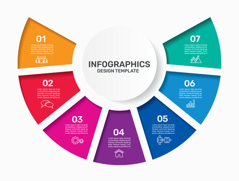 Modern business infographic template with colorful semi-circular options, icons, and text placeholders. Vector illustration.