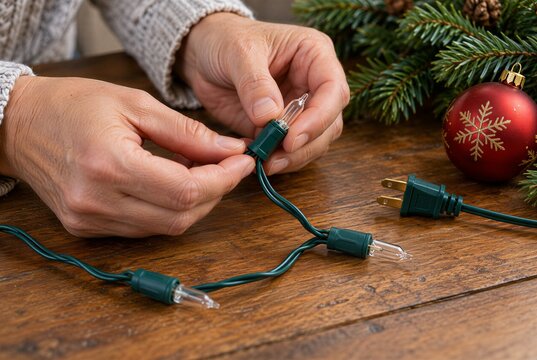 Close-up of hands inspecting Christmas string lights and plug before decorating&mdash;holiday electrical and fire safety concept focused on prevention, seasonal preparation and safe winter lighting.
