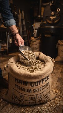 A person gently scoops green coffee beans from a burlap sack in a cozy coffee roastery setting.