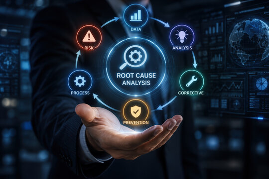 Root cause analysis dashboard projected over outstretched hand in futuristic tech environment showing risk, data, analysis, corrective action and prevention workflow for business risk management