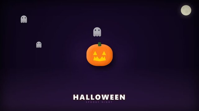 Minimalist Halloween background illustration with carved jack o lantern pumpkin and floating ghosts at night.