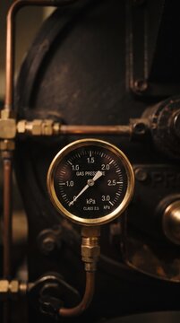 A vintage gas pressure gauge shows precise readings in a dimly lit factory adorned with rustic metal pipes.
