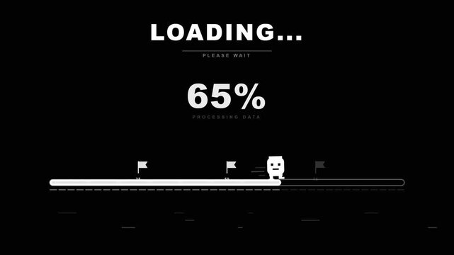 Loading screen, animation and progress bar with digital percentage for website interface. App development, software and update with character, system download and buffer time for gaming project.