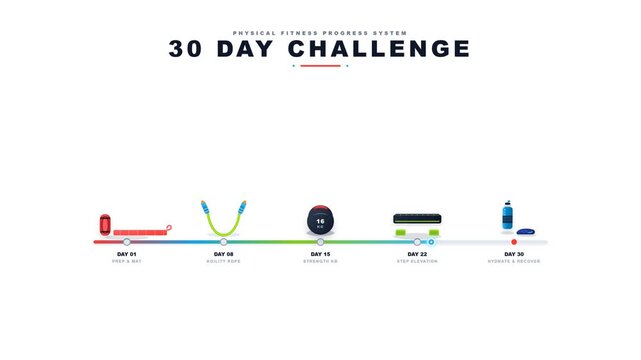 30 day challenge, fitness and workout program for health goals. Exercise plan, weight loss and training motivation with gym equipment icons for athlete progress, body transformation and sports perfor